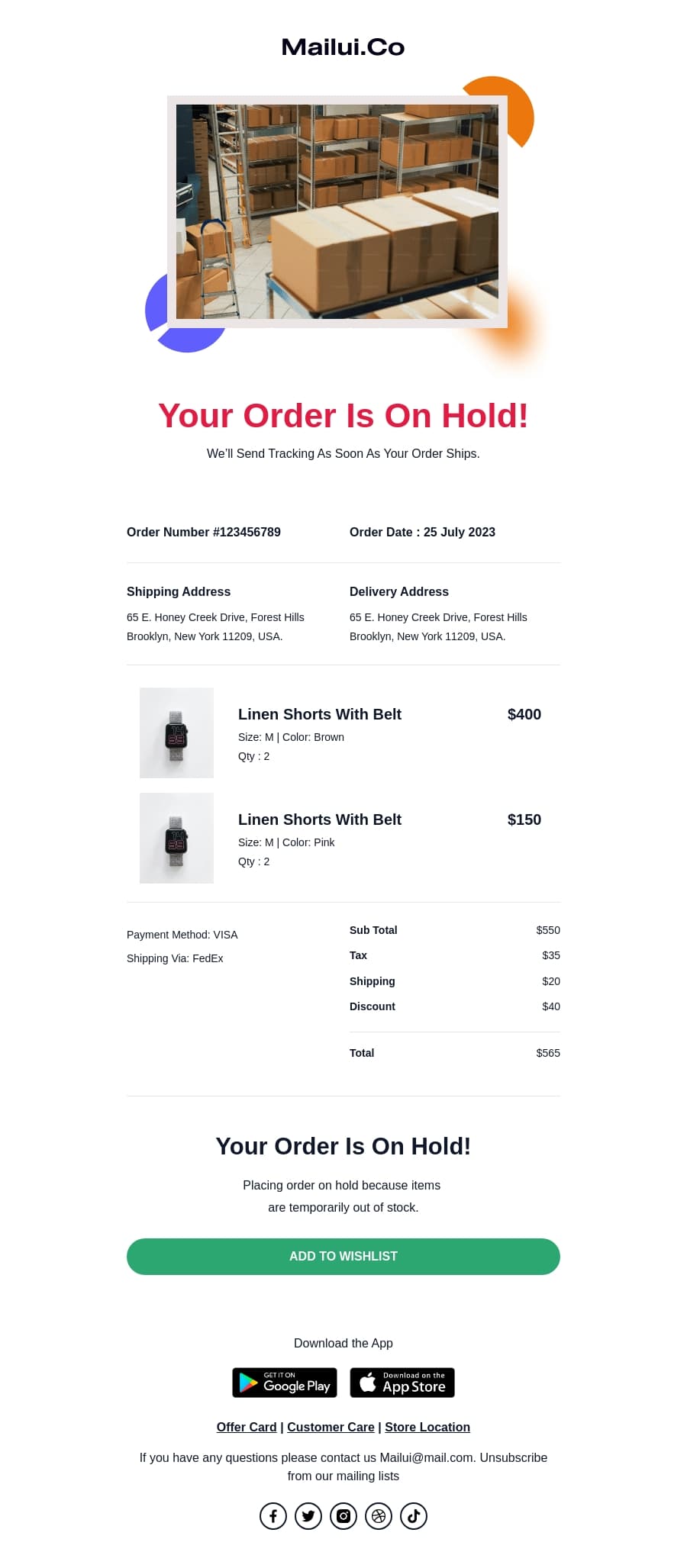 order hold  HTML notification email template