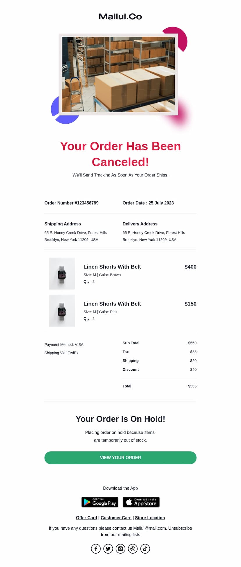 Order Cancel email HTML template code