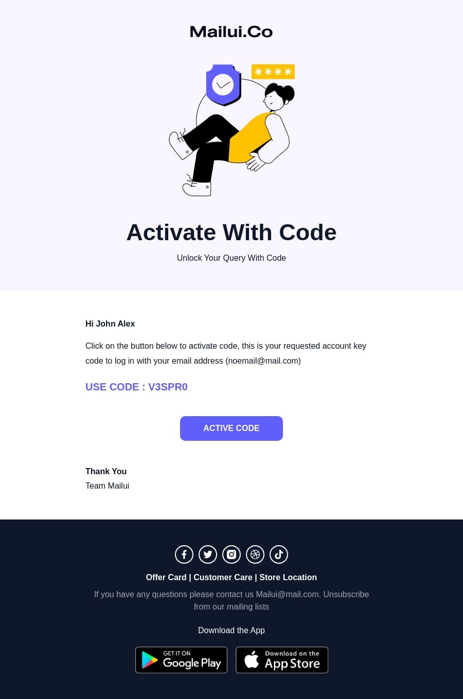 Account Activation code notification email template